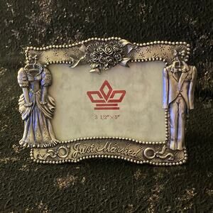 JUST MARRIED Pewter Picture Frame with Dress and Tuxedo Embellishments Wedding